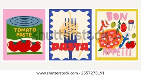 Italian vector dishes. Abstract bright posters in retro cartoon style. Flat banners for wall decor, prints and wallpaper. Vintage home decor posters. Noodle and pizza