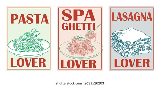 Italian vector dishes. Retro kitchen print design.  Hand drawn Pasta and Spaghetti Poster Designs for wall decor, prints and wallpaper,cafe.