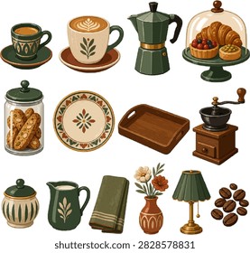 Italian Café vector illustration collection with espresso cups and cappuccino mug and moka pot and pastry display stand.