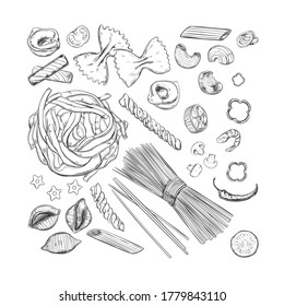 Italian vector Pasta set. Different types of pasta. Hand drawn illustration. Isolated objects on white. Sketch style