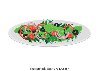 Italian Vegetable Salad with Tomatoes, Olives and Greenery Vector Illustration