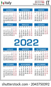 Italian vertical pocket calendar for 2022 (two thousand twenty two). Week starts Monday. New year. Color simple design. Vector