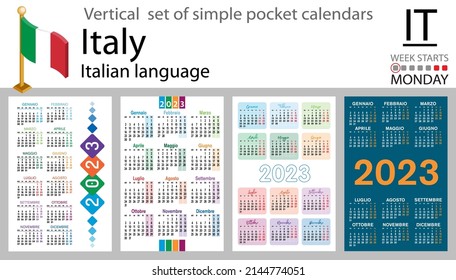 Italian vertical pocket calendar for 2023 (two thousand twenty three). Week starts Monday. New year. Color simple design. Vector