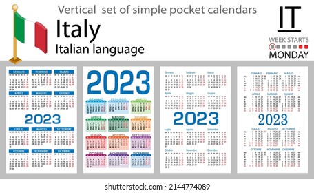 Italian vertical pocket calendar for 2023 (two thousand twenty three). Week starts Monday. New year. Color simple design. Vector