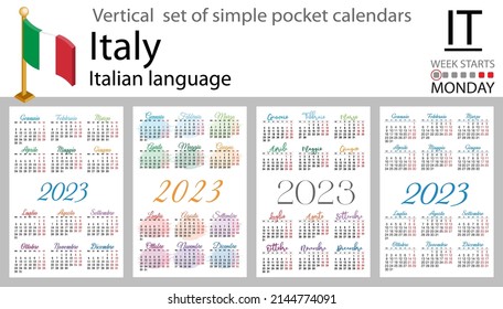 Italian vertical pocket calendar for 2023 (two thousand twenty three). Week starts Monday. New year. Color simple design. Vector