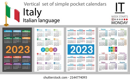Italian vertical pocket calendar for 2023 (two thousand twenty three). Week starts Monday. New year. Color simple design. Vector