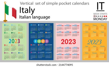 Italian vertical pocket calendar for 2023 (two thousand twenty three). Week starts Monday. New year. Color simple design. Vector