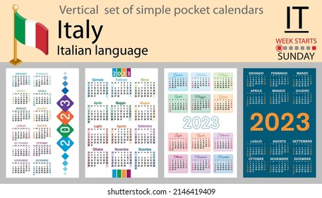 Italian vertical pocket calendar for 2023 (two thousand twenty three). Week starts Sunday. New year. Color simple design. Vector