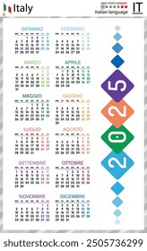 Calendario de bolsillo de Vertical italiano para 2025 (dos mil veinticinco). La semana comienza el lunes. Nuevo año. Diseño simple del color. Vector