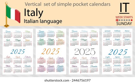 Italian vertical set of pocket calendar for 2025 (two thousand twenty five). Week starts Sunday. New year. Color simple design. Vector