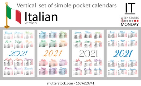 Italian vertical set of pocket calendars for 2021 (two thousand twenty one). Week starts Monday. New year. Color simple design. Vector