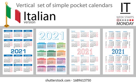 Italian vertical set of pocket calendars for 2020 (two thousand twenty one). Week starts Monday. New year. Color simple design. Vector