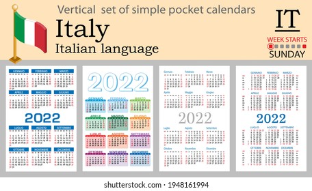 Italian vertical set of pocket calendars for 2022 (two thousand twenty two). Week starts Sunday. New year. Color simple design. Vector