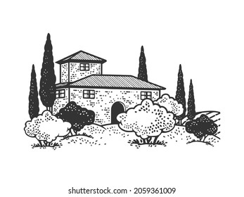 Italian villa with cypresses and vineyards sketch engraving vector illustration. T-shirt apparel print design. Scratch board imitation. Black and white hand drawn image.