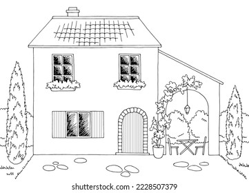 Italian villa house exterior building graphic black white sketch illustration vector