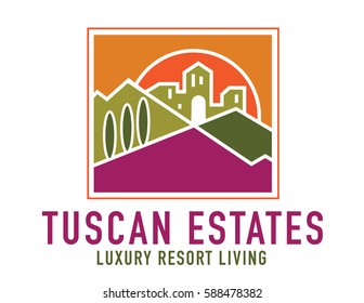 Italian Villa Logo With Hills And Sun.