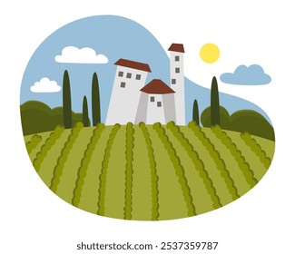 Villa italiana com vinhedo. Paisagem com fazenda. Ilustração desenhada à mão vetorial.