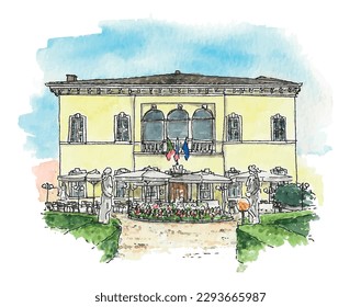 Italian villa, yellow, terraced seating, dining al fresco, outside, fountain, European travel. Watercolor sketch illustration. Isolated vector.