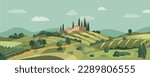 Italian village cartoon landscape with green hills and fields. Vector illustration. Flat design poster. European summer village. European countryside in fall. Country houses