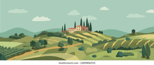 Italian village cartoon landscape with green hills and fields. Vector illustration. Flat design poster. European summer village. European countryside in fall. Country houses