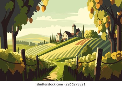 Italian vineyard, beautiful view from the hill, 2d vector drawing, 2d flat vector illustration.