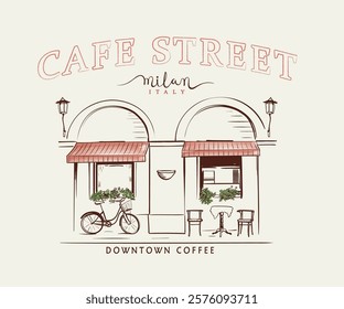 Italian vintage street cafe vector art, Milan street coffee shop with chair and table vector illustration, Retro vintage European café artwork for t shirt, poster, screen print 