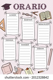 Italian vintage template of a school schedule for 6 days of the week for students. Blank for a list of school subjects. Vector illustration in doodle styles for Italy. Translation: Timetable
