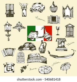 Italian vintage travel elements for scrapbook stickers, background, decorative design. Vector illustration in doodle style.