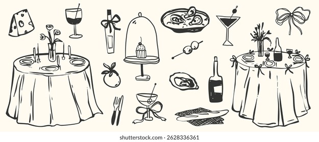 Italian wedding cocktail party sketch crayon doodle with drinks and sweets wedding vacation event. Hand drawn vector illustrations for menu, invitation paper, save the date.