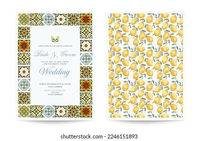 Italian Wedding Invitation Card, Bridal Shower with Lemons Theme and Tiles. Wedding Invitation Template, Mediterranean Italian Style.