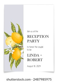 Italian Wedding Reception Party Invitation Card. Mediterranean Citrus Party Invitation postcard. Amalfi Lemon branches with fruits, flowers and leaves. Elegant modern template. Vector Illustration.