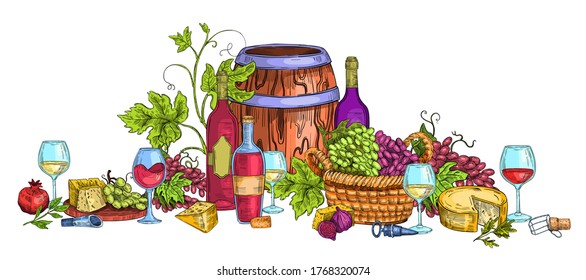 Italian wine illustration with cheese, grapes, vine, cask, glasses, corks, basket. Food and drink vector concept in engraving style isolated on white. Harvest still life with alcoholic beverages