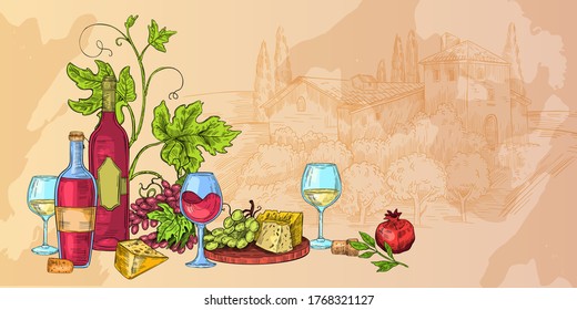 Italian wine sketch illustration with cheese, glasses, vines, grapes, bottles. Food and drink vector background with rural landscape, autumn still life. Alcoholic beverages hand drawn banner