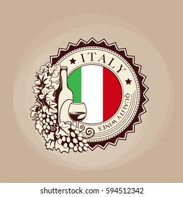 Italian wines, round label, patch, with wine bottle and grape vines, vector illustration