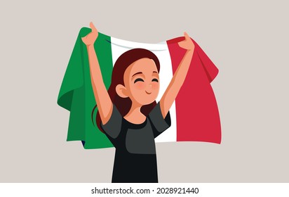 Italian Woman Holding National Flag Vector Cartoon. Happy patriotic Italian girl holding national flag celebrating June 2nd
