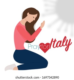 Italian woman and Italy flag. Pray for Italy, save italian people concept. Covid-19 or Coronavirus concept.