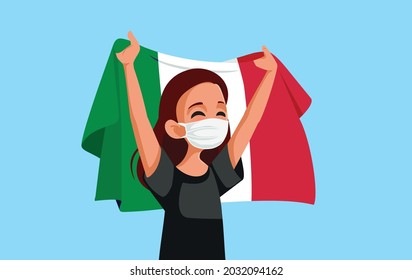 Italian Woman Wearing Face Mask Holding the Flag. Hope after humanitarian crisis during coronavirus pandemic concept illustration 
