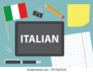 italian written on tablet screen, learning language concept- vector illustration