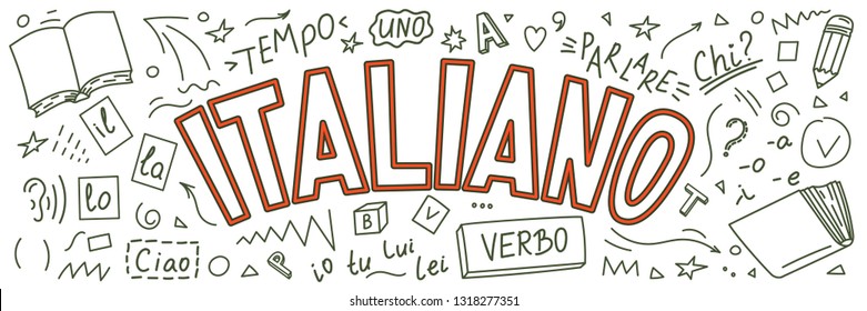 Italiano. Il, lo, la, ciao, verbo, uno, chi?, io, tu, lui, lei, parlare, tempo". Translate:"Italian. The, hello, verb, one, who?, me, you, him, she, talking, time". Language doodles and lettering