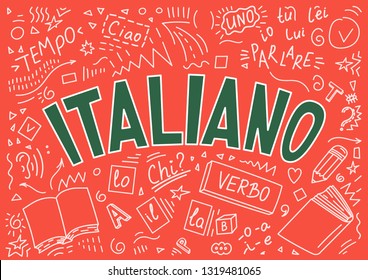 Italiano. Il, lo, la, ciao, verbo, uno, chi?, io, tu, lui, lei, parlare, tempo". Translate:"Italian. The, hello, verb, one, who?, me, you, him, she, talking, time". Language doodles and lettering