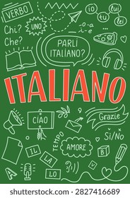 Italiano. Italian language learning hand drawn doodle and lettering. Translation: