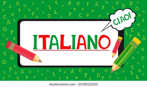 Italiano.  Сiao Traduzir:"Italiano.  Olá". Banner do site. Ilustração para livro, dicionário, vocabulário, fala, leitura, escrita, habilidades de escuta. Aula on-line para alunos e estudantes. 