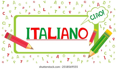 Italiano.  Сiao Traduzir:"Italiano.  Olá". Banner do site. Ilustração para livro, dicionário, vocabulário, fala, leitura, escrita, habilidades de escuta. Aula on-line para alunos e estudantes. 