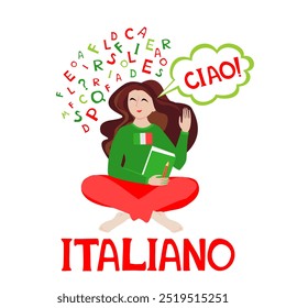 Italiano. СIao. Traducido: "Italiano.  Hola" Anuncio de Sitio web.  Ilustración para libro, diccionario, vocabulario, hablar, leer, escribir, habilidades de escucha. Clase de Internet, servicio de profesor personal