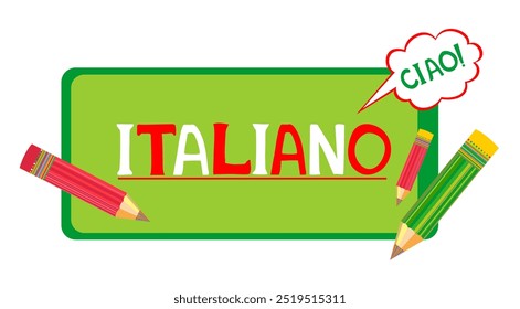 Italiano.  Сiao Traduzir:"Italiano.  Olá". Banner do site. Ilustração para livro, dicionário, vocabulário, fala, leitura, escrita, habilidades de escuta. Aula on-line para alunos e estudantes. 