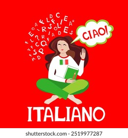 Italiano. Сiao Traduzir:"Italiano.  Banner do site "Olá".  Ilustração para livro, dicionário, vocabulário, fala, leitura, escrita, habilidades de escuta. aula de Internet, serviço de professor pessoal