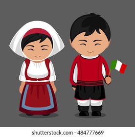 Italians in national dress with a flag. Man and woman in traditional costume. Travel to Italy. People. Vector flat illustration.