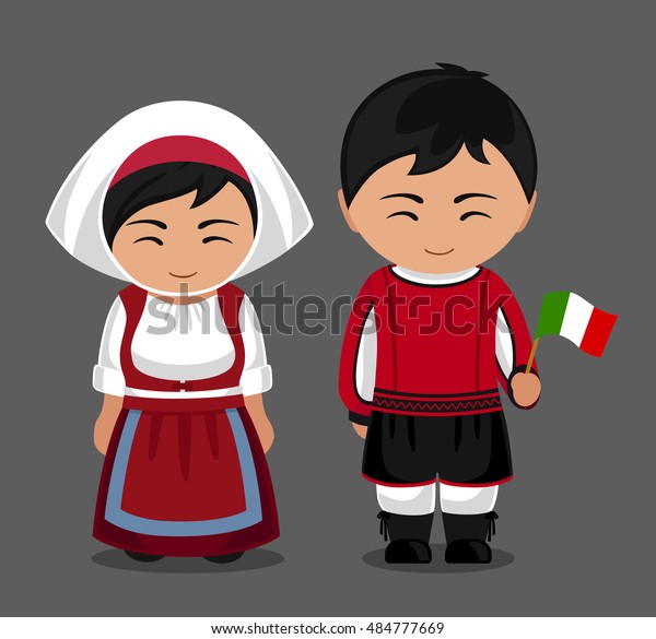 国旗のある国装のイタリア人 伝統衣装を着た男女 イタリアへ旅行 人 ベクターフラットイラスト のベクター画像素材 ロイヤリティフリー