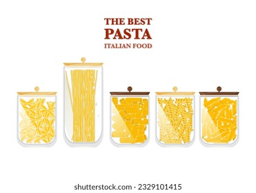 Italienische Pasta- und Makaroni-Speisekarte im Glas, leckere Pasta-Vektorgrafik, flacher Cartoon-Stil, handgezeichnetes Banner, geeignet für das Menü auf weißem Hintergrund.