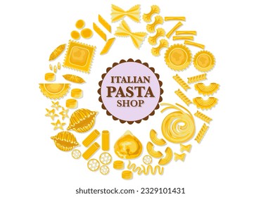 Italian-type pasta and macaroni restaurant menu in the jar, delicious pasta vector illustration, flat cartoon style, hand-drawn banner, suitable for the menu on white background.